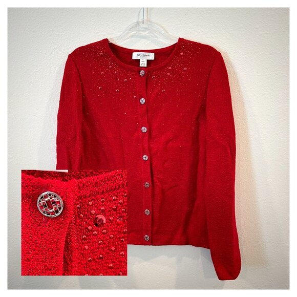 St John Evening Red cardigan knit rhinestone embellished sz M holiday christmas - Picture 1 of 6